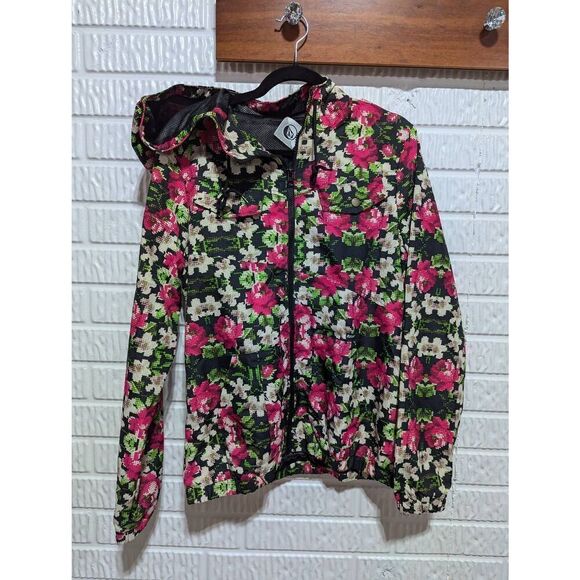 Volcom Women's Multi-Color Floral Front-Zip Long-Sleeve Hooded Windbreaker Size - Picture 1 of 10